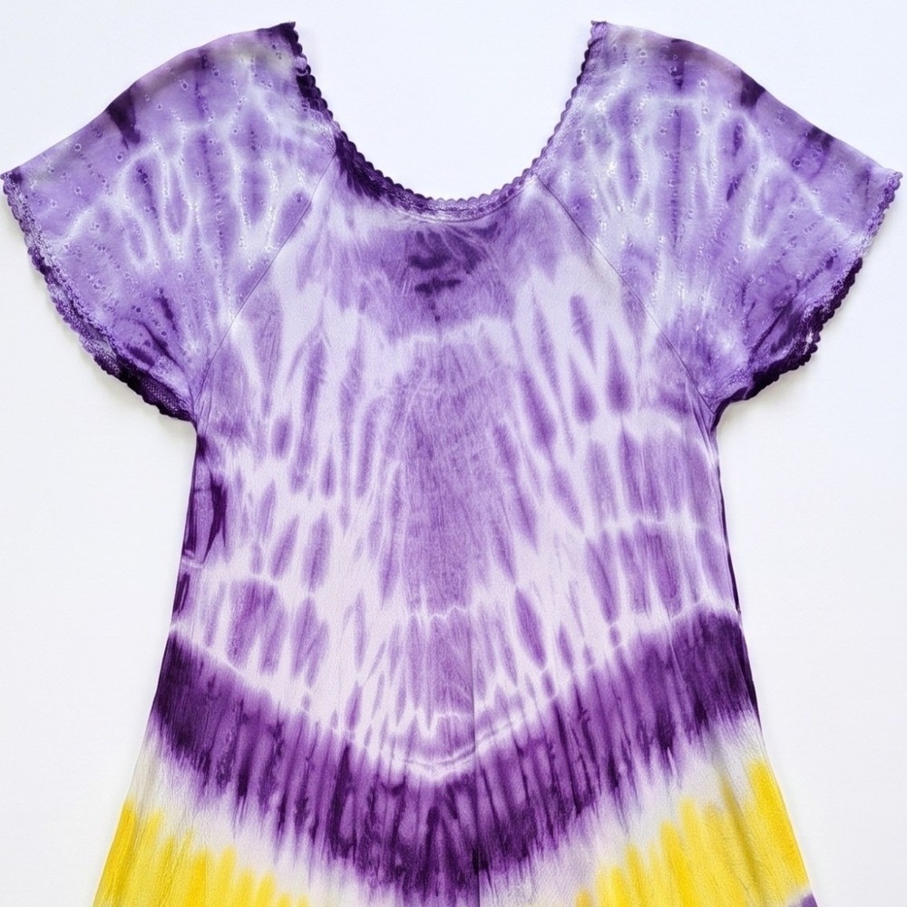 Batik Tie Dye Tunic Dress Women Purple Yellow Boho Embroidered Hippie Gorpcore - Picture 6 of 11